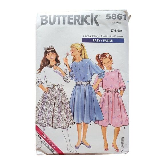 Vintage 80s Butterick Pattern 5861 Uncut Girls Dress Pull Over Flare 7 8 10 - Picture 2 of 4